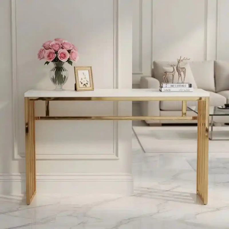 Luxury White Marble Console Table with Golden Frame