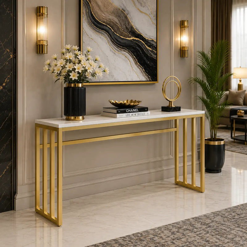 Luxury White Marble Console Table with Golden Frame