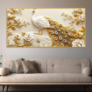 Luxury White Peacock in Golden Floral Paradise 3D Canvas Wall Painting