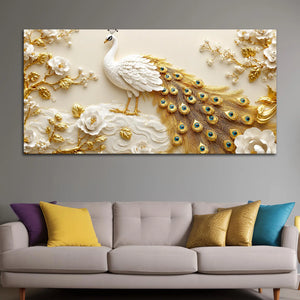 Luxury White Peacock in Golden Floral Paradise 3D Canvas Wall Painting