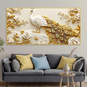 Luxury White Peacock in Golden Floral Paradise 3D Canvas Wall Painting