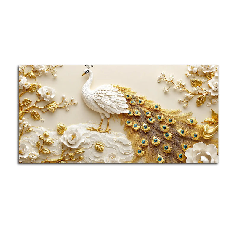 Luxury White Peacock in Golden Floral Paradise 3D Canvas Wall Painting