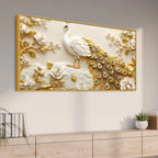 Luxury White Peacock in Golden Floral Paradise 3D Canvas Wall Painting