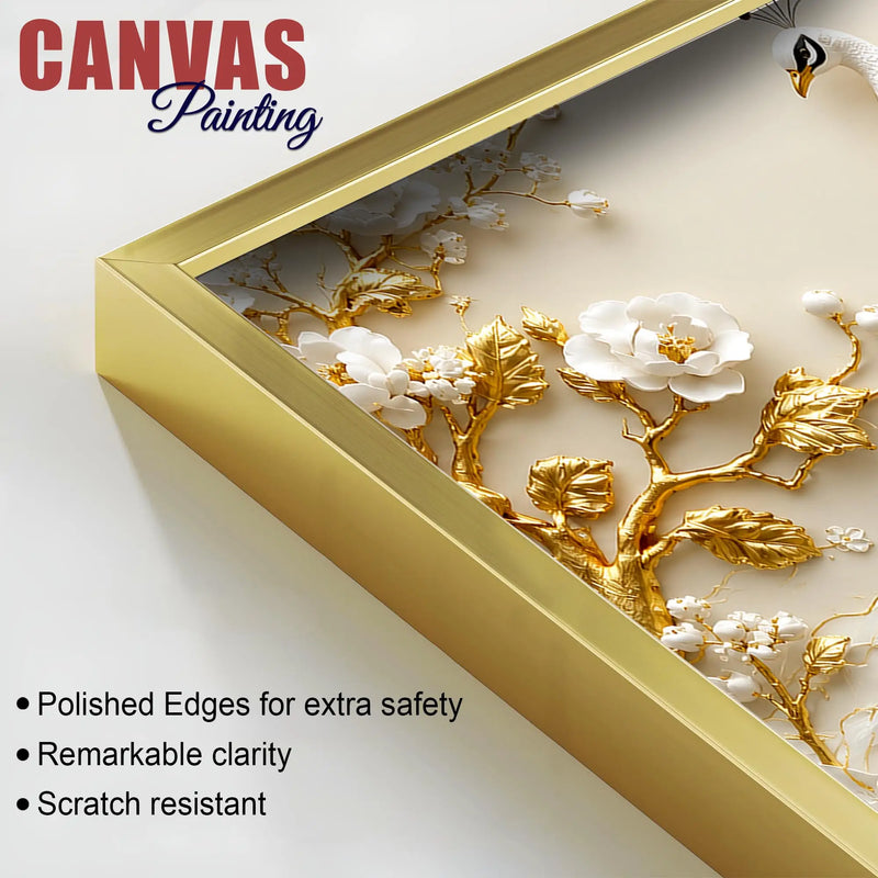 Luxury White Peacock in Golden Floral Paradise 3D Canvas Wall Painting