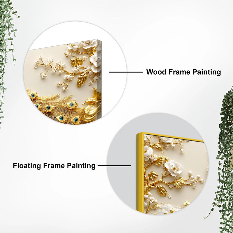 Luxury White Peacock in Golden Floral Paradise 3D Canvas Wall Painting