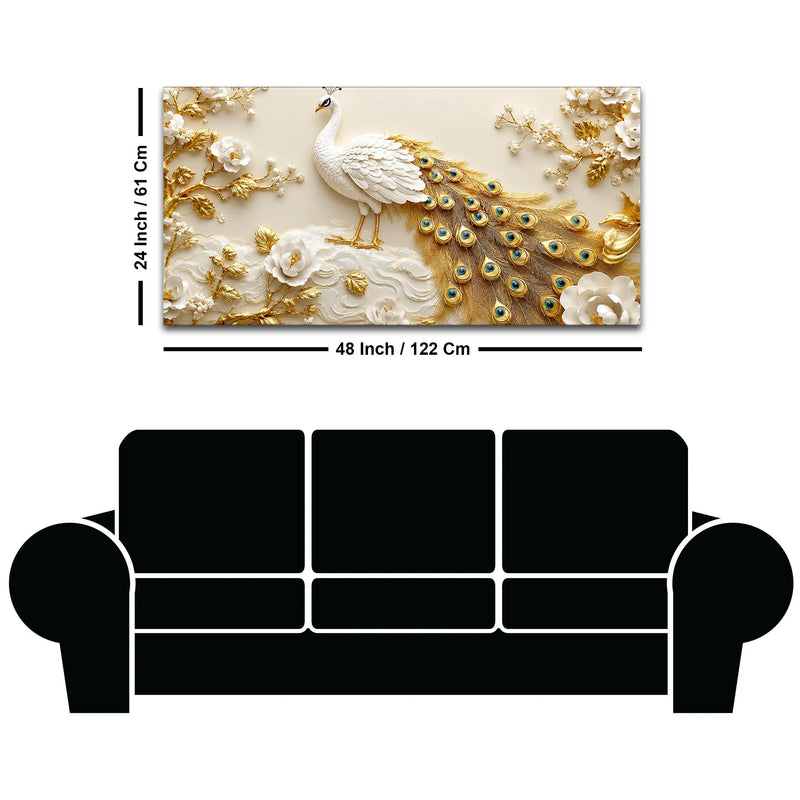 Luxury White Peacock in Golden Floral Paradise 3D Canvas Wall Painting