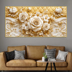 Luxury White Rose and Golden Floral Scrollwork 3D Canvas Wall Painting