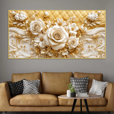 Luxury White Rose and Golden Floral Scrollwork 3D Canvas Wall Painting