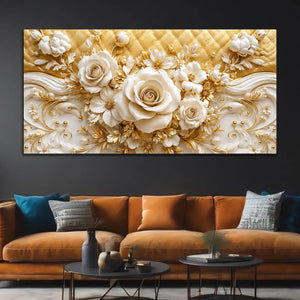 Luxury White Rose and Golden Floral Scrollwork 3D Canvas Wall Painting