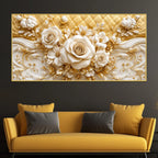 Luxury White Rose and Golden Floral Scrollwork 3D Canvas Wall Painting