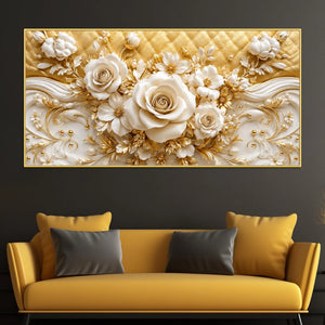 Luxury White Rose and Golden Floral Scrollwork 3D Canvas Wall Painting