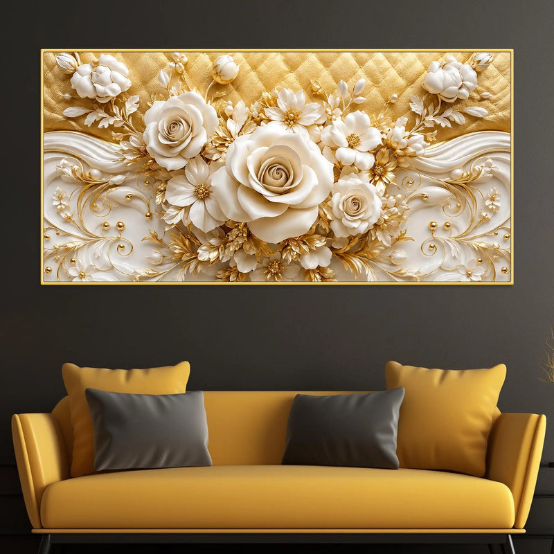 Luxury White Rose and Golden Floral Scrollwork 3D Canvas Wall Painting