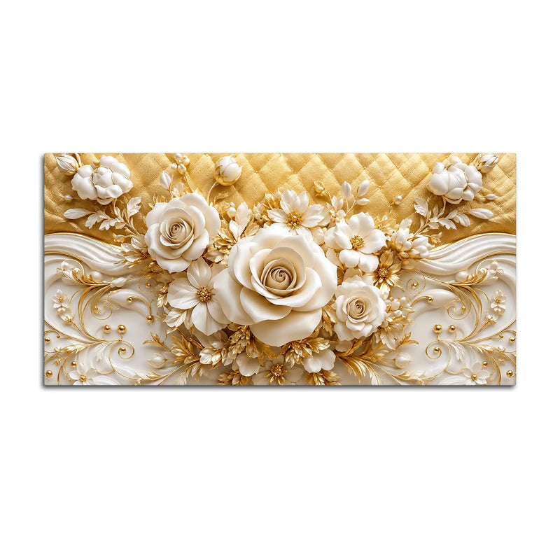 Luxury White Rose and Golden Floral Scrollwork 3D Canvas Wall Painting