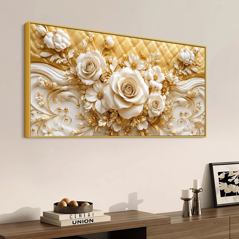 Luxury White Rose and Golden Floral Scrollwork 3D Canvas Wall Painting
