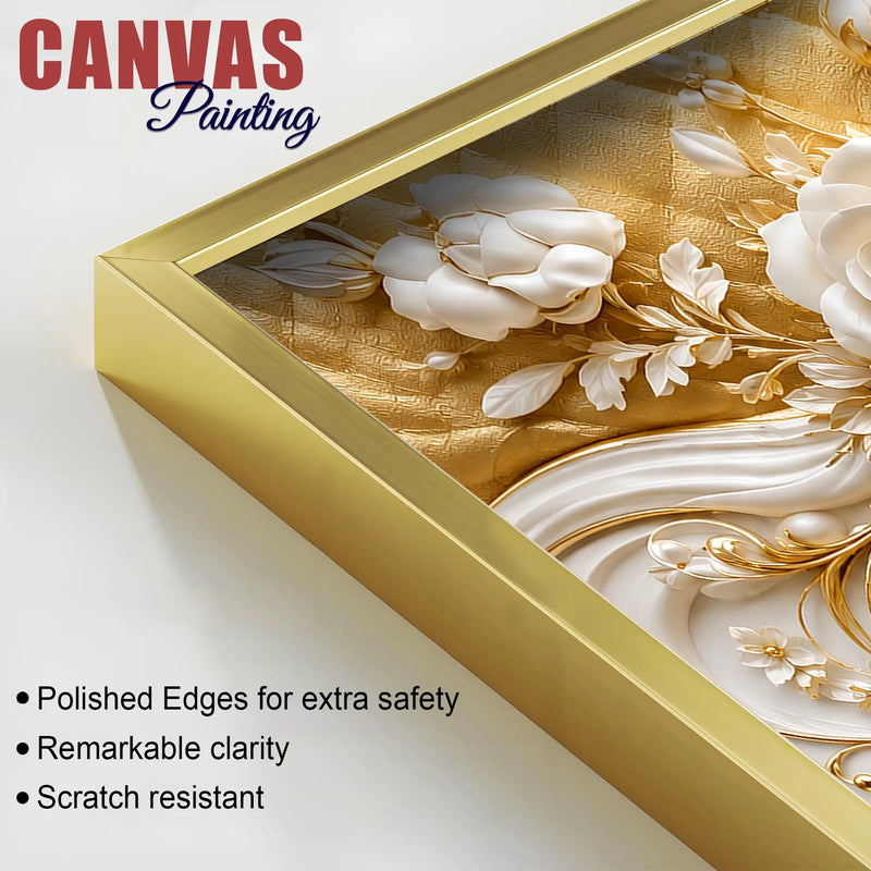 Luxury White Rose and Golden Floral Scrollwork 3D Canvas Wall Painting