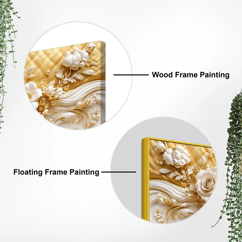 Luxury White Rose and Golden Floral Scrollwork 3D Canvas Wall Painting