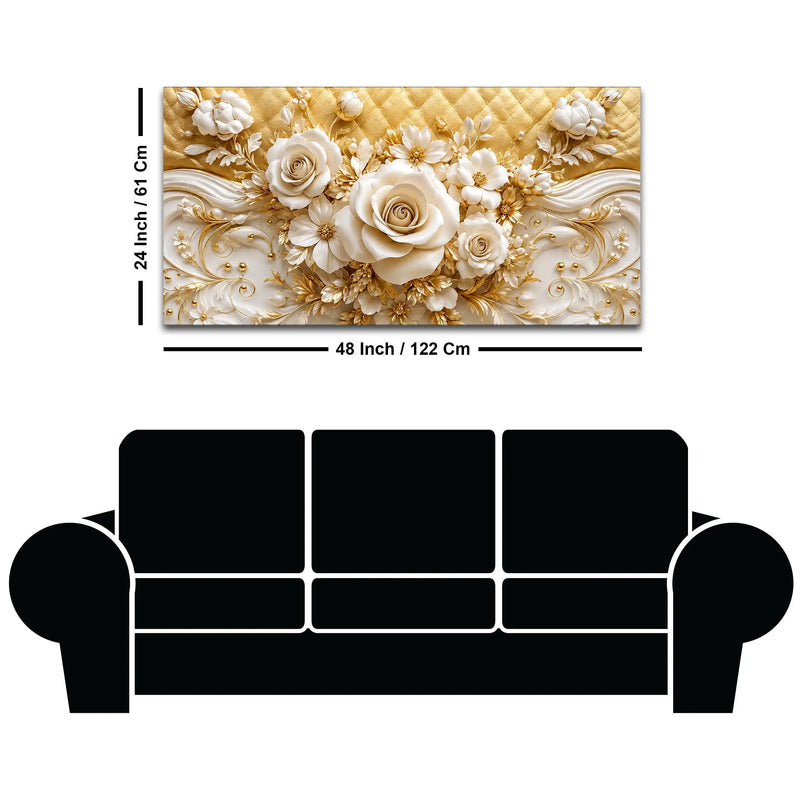 Luxury White Rose and Golden Floral Scrollwork 3D Canvas Wall Painting