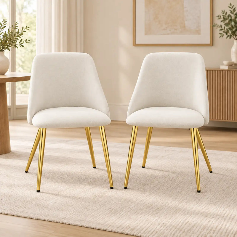 Luxury White Upholstered Chair Set with Padded Backrest & Golden Metal Legs
