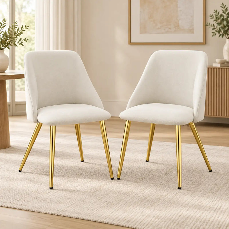 Luxury White Upholstered Chair Set with Padded Backrest & Golden Metal Legs