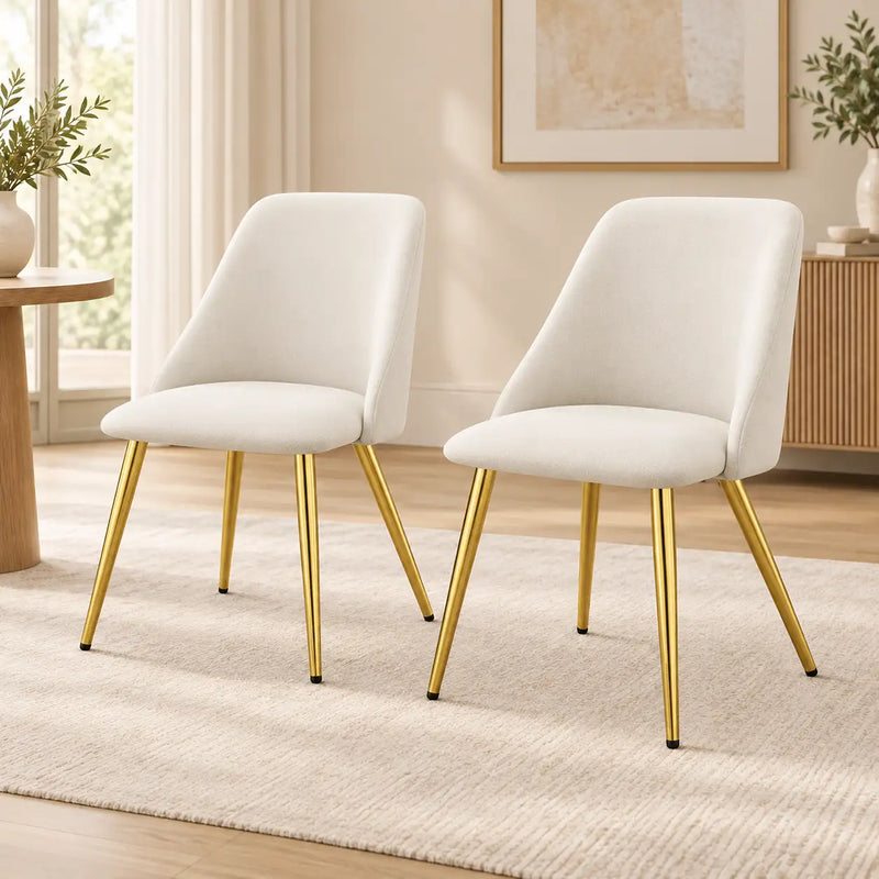 Luxury White Upholstered Chair Set with Padded Backrest & Golden Metal Legs