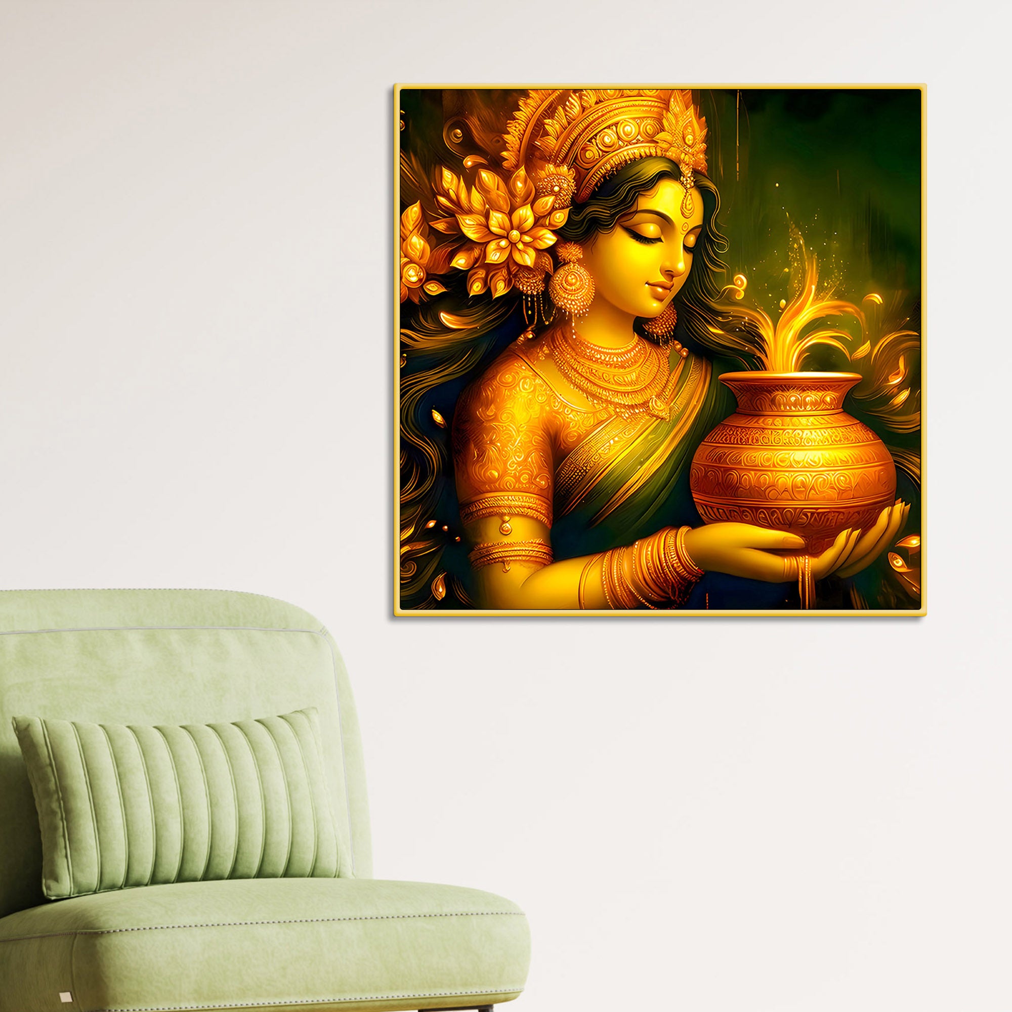 Maa Lakshmi Holding Kalash Canvas Wall Painting