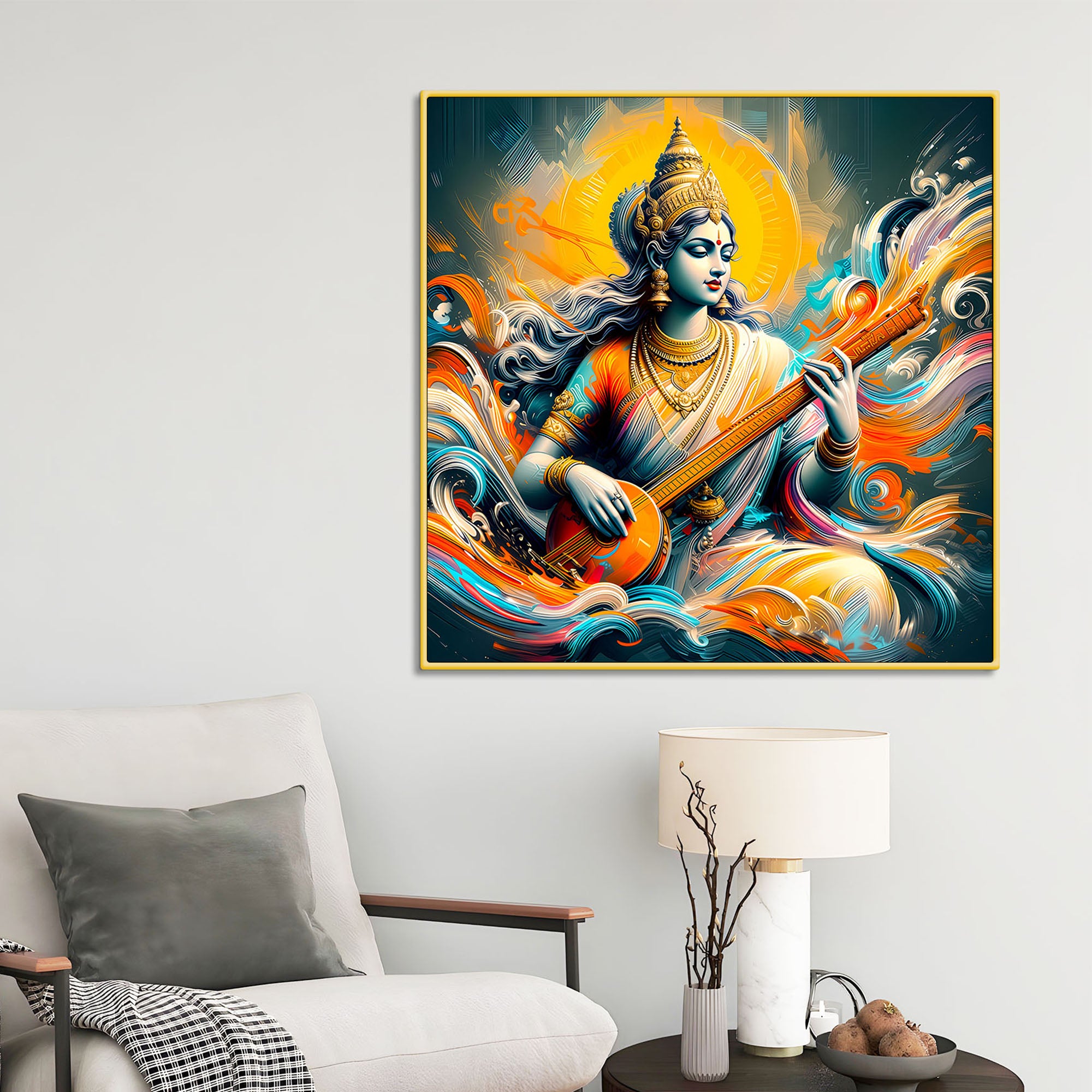 Maa Saraswati Playing Veena Canvas Wall Painting