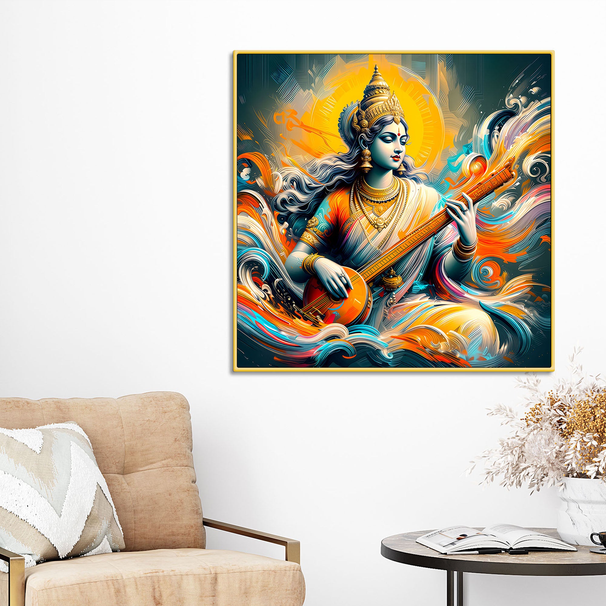 Maa Saraswati Playing Veena Canvas Wall Painting