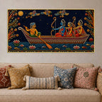 Maa Sita, Shri Ram and Laxman Crossing River Ganga Tanjore Style 3D Canvas Wall Painting