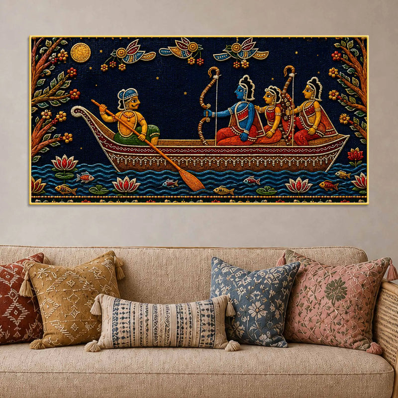 Maa Sita, Shri Ram and Laxman Crossing River Ganga Tanjore Style 3D Canvas Wall Painting