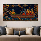 Maa Sita, Shri Ram and Laxman Crossing River Ganga Tanjore Style 3D Canvas Wall Painting