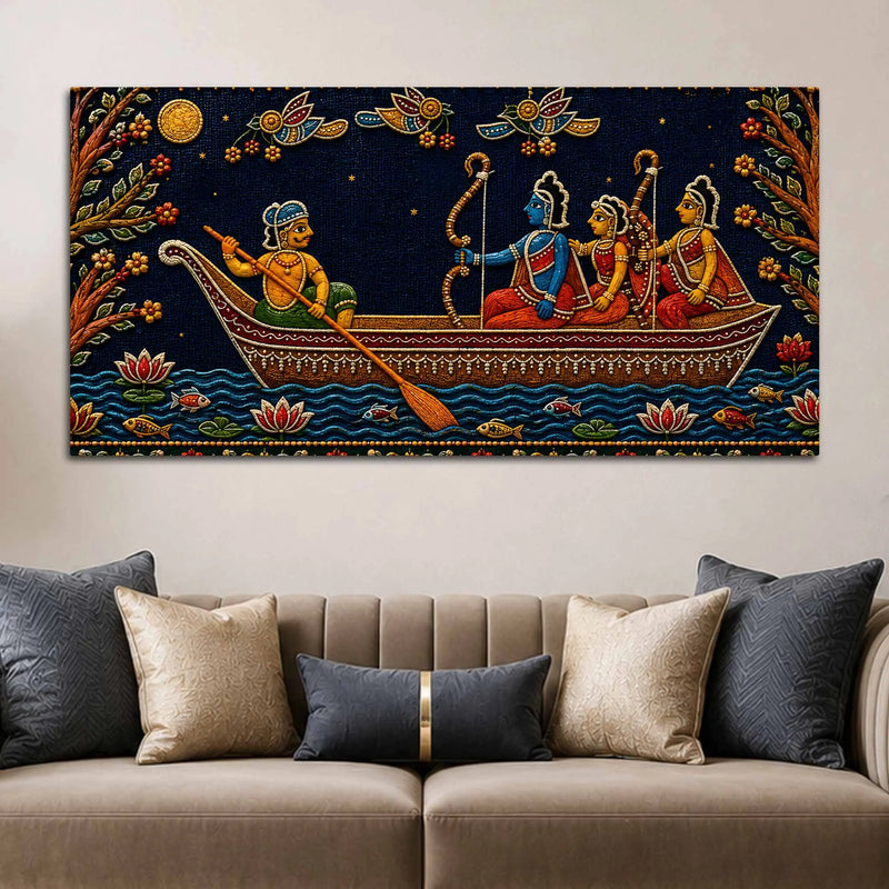 Maa Sita, Shri Ram and Laxman Crossing River Ganga Tanjore Style 3D Canvas Wall Painting