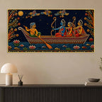 Maa Sita, Shri Ram and Laxman Crossing River Ganga Tanjore Style 3D Canvas Wall Painting