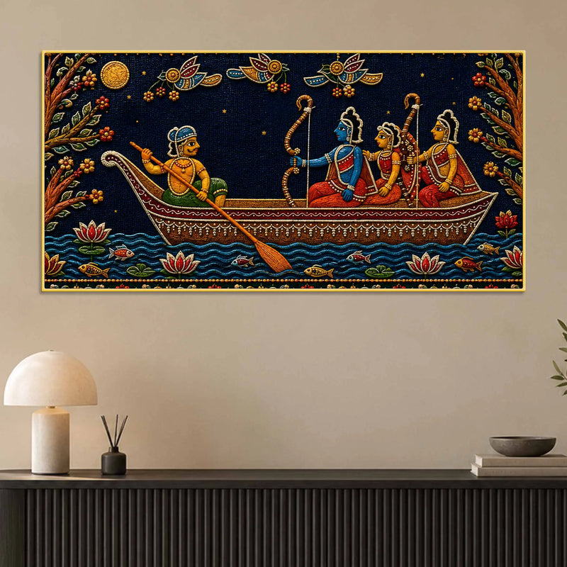 Maa Sita, Shri Ram and Laxman Crossing River Ganga Tanjore Style 3D Canvas Wall Painting