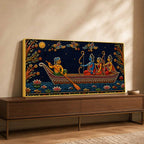 Maa Sita, Shri Ram and Laxman Crossing River Ganga Tanjore Style 3D Canvas Wall Painting