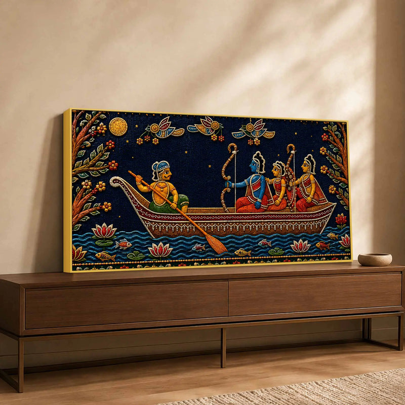 Maa Sita, Shri Ram and Laxman Crossing River Ganga Tanjore Style 3D Canvas Wall Painting