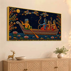 Maa Sita, Shri Ram and Laxman Crossing River Ganga Tanjore Style 3D Canvas Wall Painting