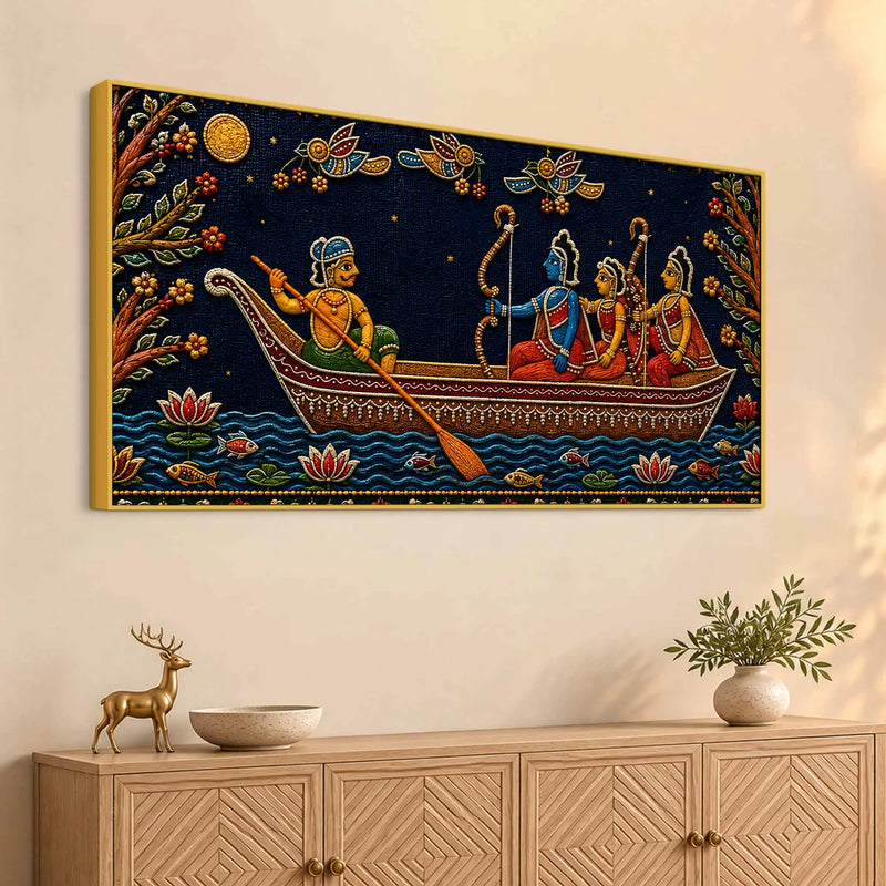 Maa Sita, Shri Ram and Laxman Crossing River Ganga Tanjore Style 3D Canvas Wall Painting