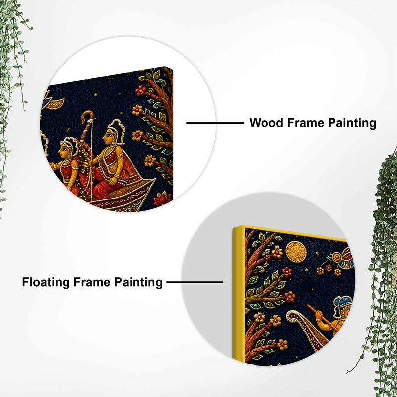 Maa Sita, Shri Ram and Laxman Crossing River Ganga Tanjore Style 3D Canvas Wall Painting