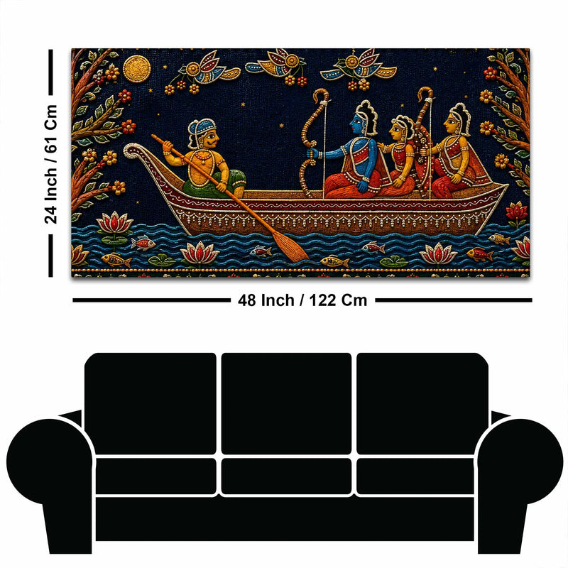 Maa Sita, Shri Ram and Laxman Crossing River Ganga Tanjore Style 3D Canvas Wall Painting