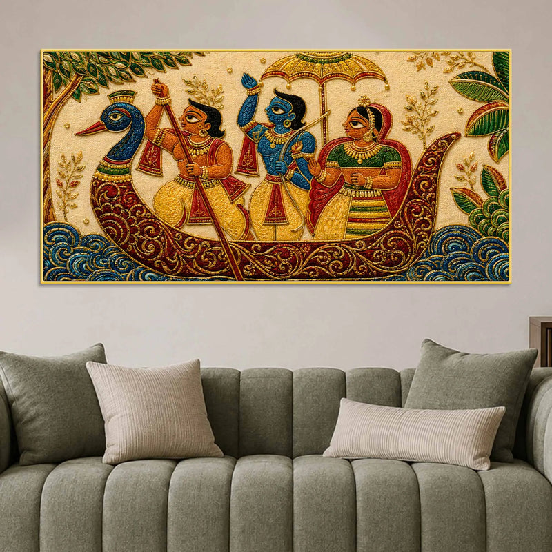 Maa Sita Shri Ram & Lakshman Boat Journey Embroidery Tanjore Style 3D Canvas Painting