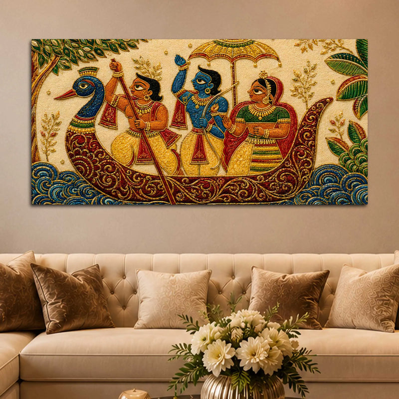 Maa Sita Shri Ram & Lakshman Boat Journey Embroidery Tanjore Style 3D Canvas Painting