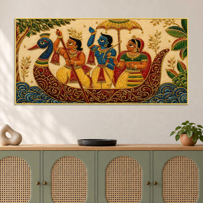 Maa Sita Shri Ram & Lakshman Boat Journey Embroidery Tanjore Style 3D Canvas Painting