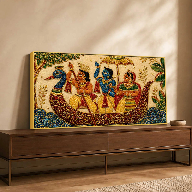 Maa Sita Shri Ram & Lakshman Boat Journey Embroidery Tanjore Style 3D Canvas Painting