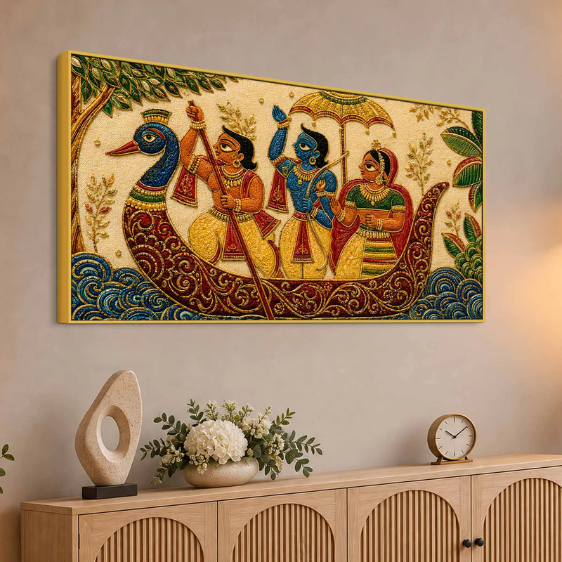 Maa Sita Shri Ram & Lakshman Boat Journey Embroidery Tanjore Style 3D Canvas Painting
