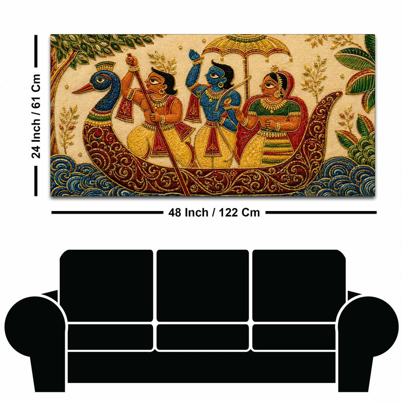 Maa Sita Shri Ram & Lakshman Boat Journey Embroidery Tanjore Style 3D Canvas Painting