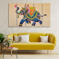 Madhubani Art Elephant Premium Canvas Wall Painting Set of Five