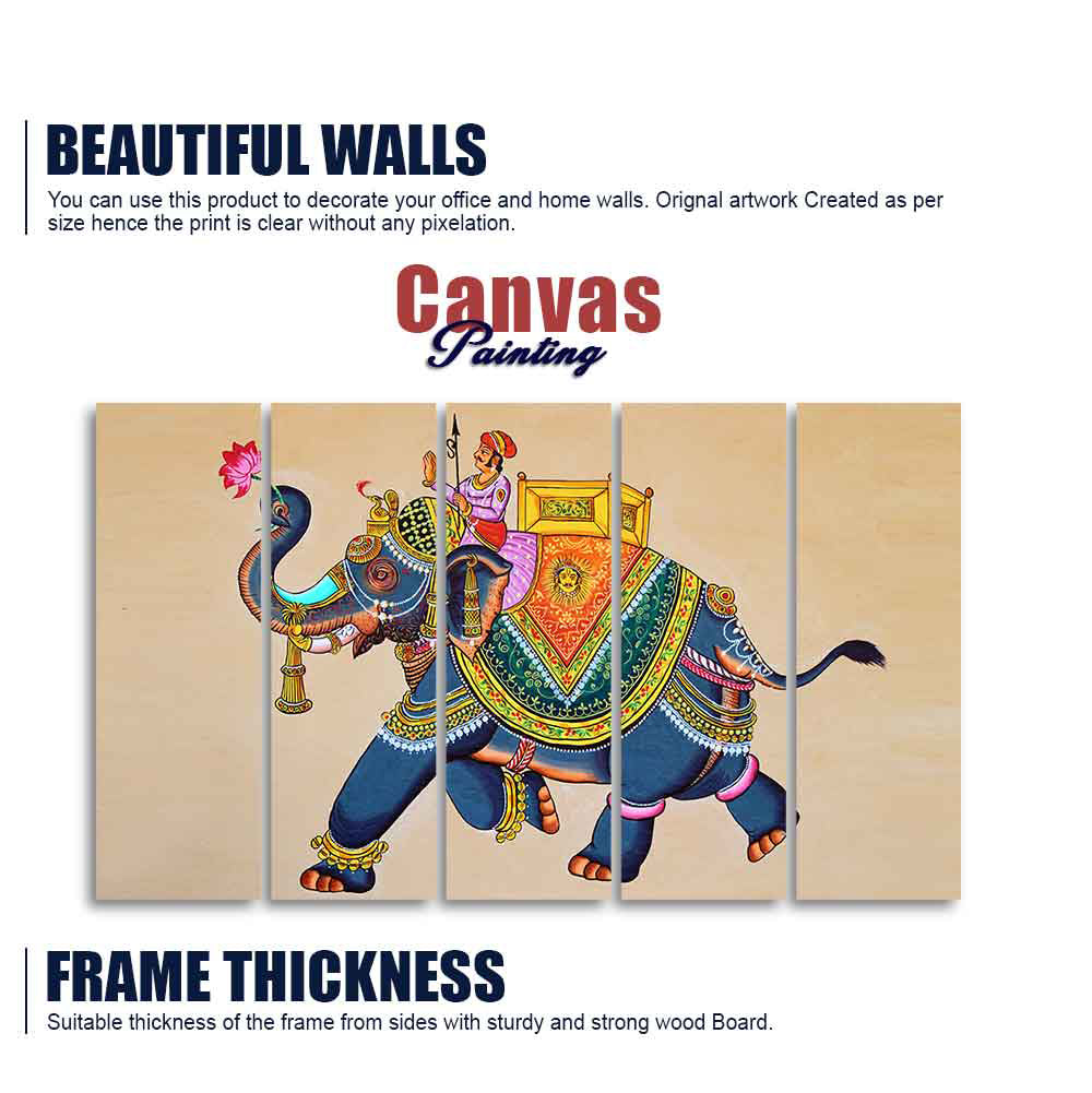 Madhubani Art Elephant Premium Canvas Wall Painting Set of Five