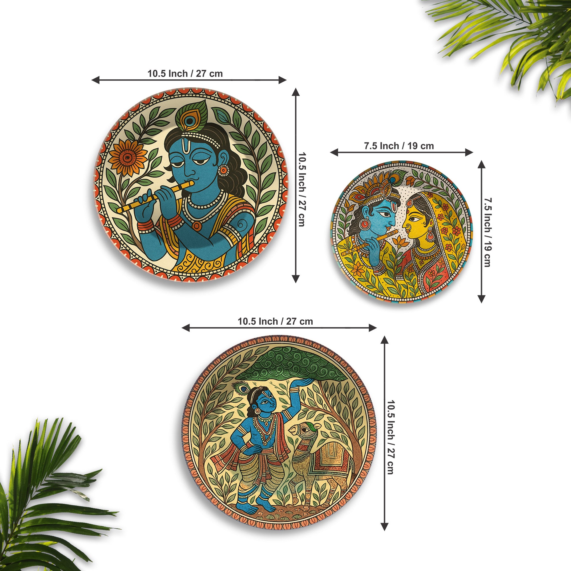 Madhubani Art Krishna Charitra Premium Wall Plates Painting Set of 3