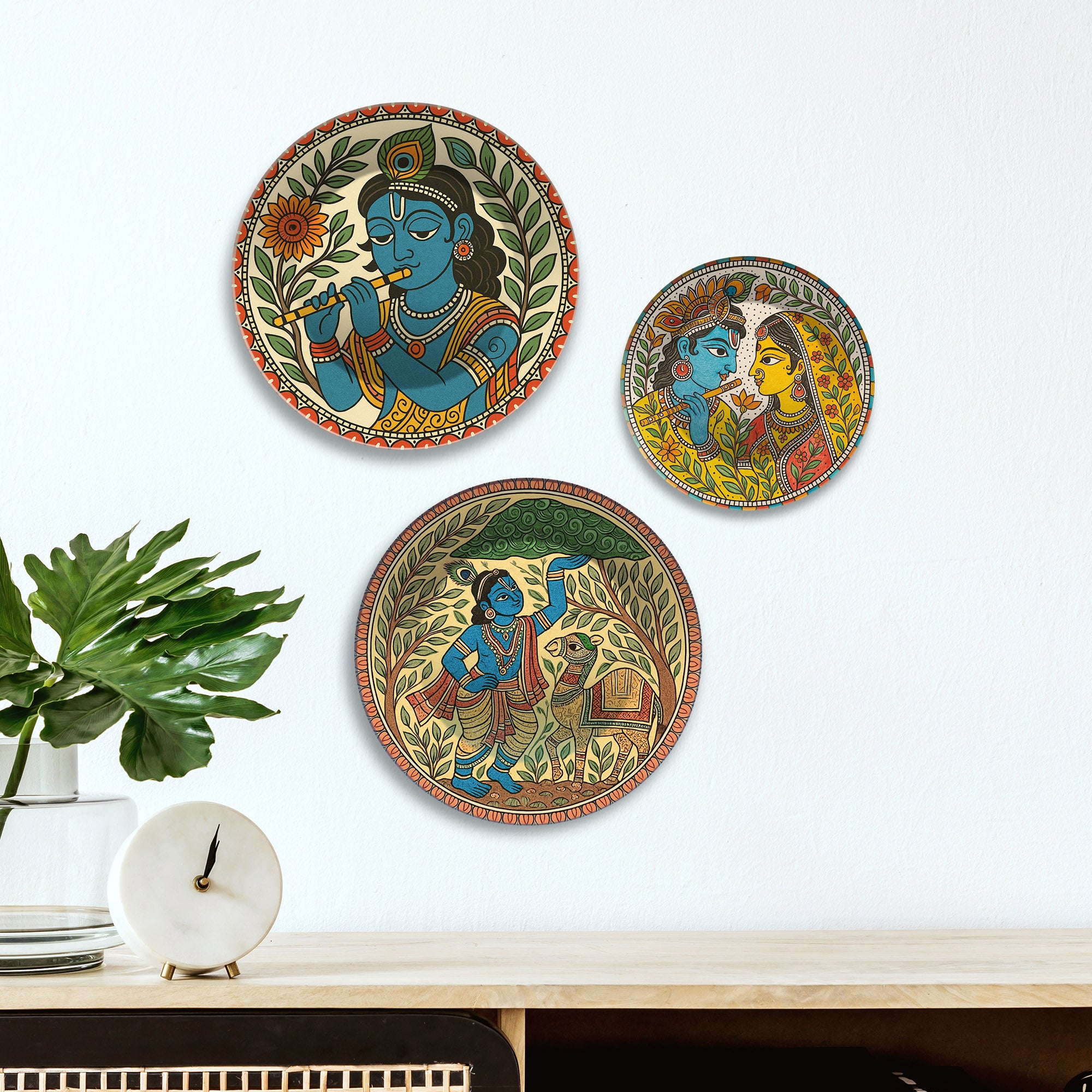 Madhubani Art Krishna Charitra Premium Wall Plates Painting Set of 3
