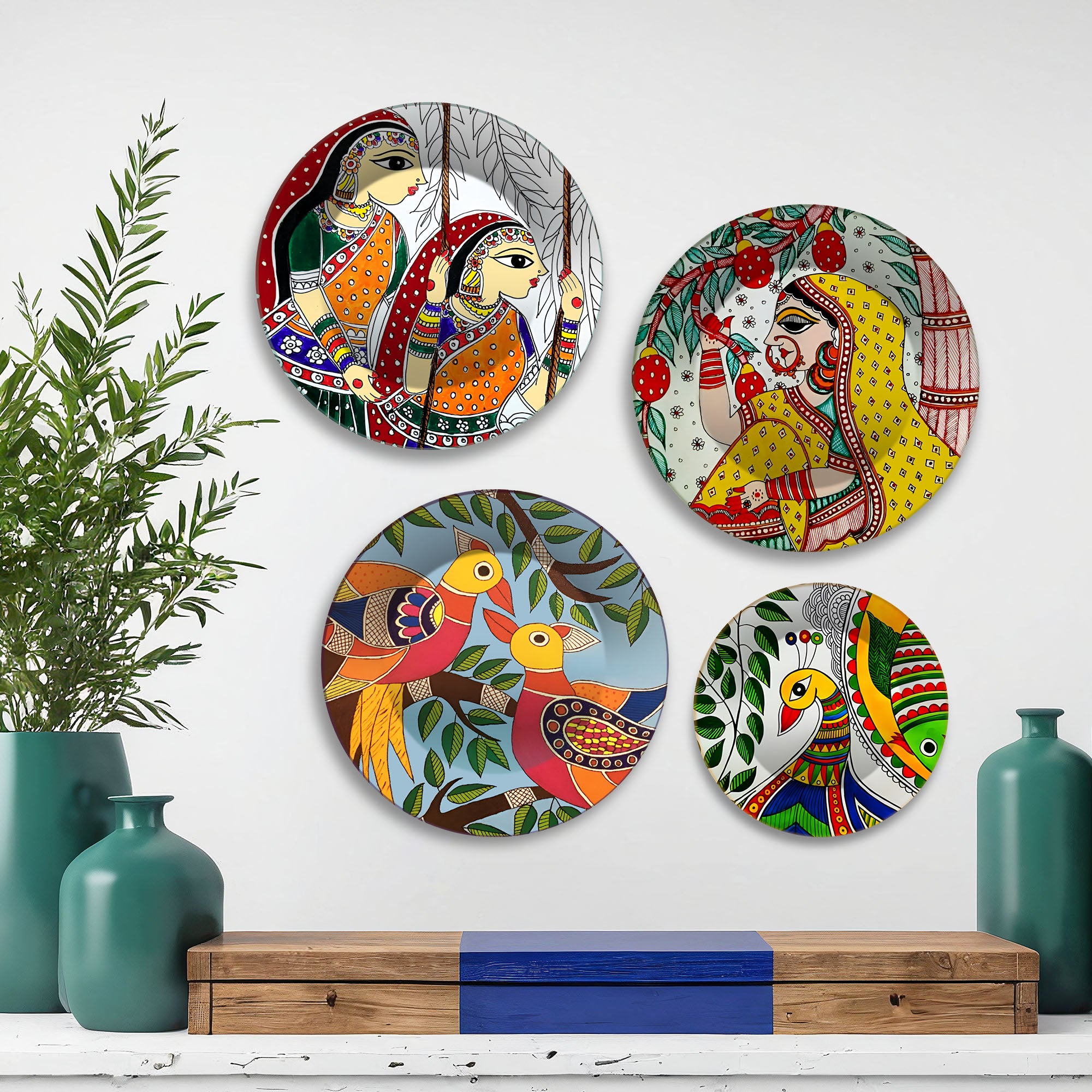 Madhubani Art Mithila Folk Tales Premium Wall Plates Painting Set of Four